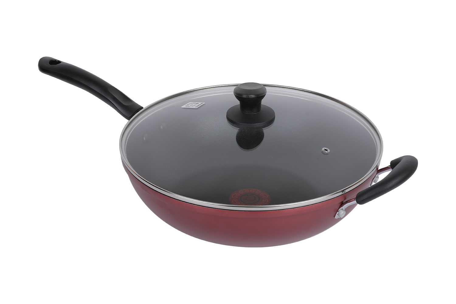 CF32C-CJ772 Flaming Wok - со стеклянной крышкой, имитирующей литье под давлением тампопечать, огненная красная точка 32 вок с антипригарным покрытием